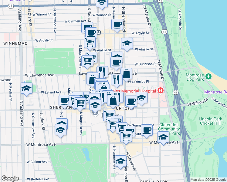 map of restaurants, bars, coffee shops, grocery stores, and more near 1043 West Leland Avenue in Chicago