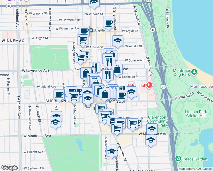 map of restaurants, bars, coffee shops, grocery stores, and more near W Leland Ave & N Kenmore Ave in Chicago