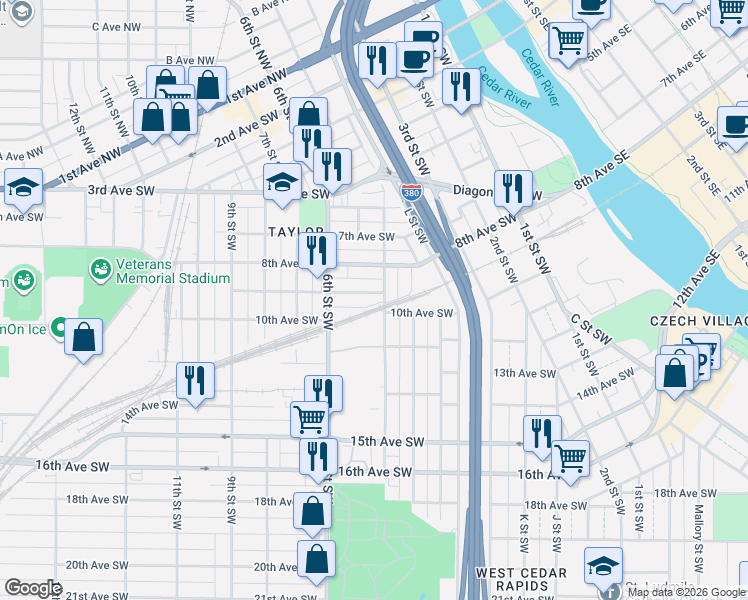 map of restaurants, bars, coffee shops, grocery stores, and more near 419 9th Avenue Southwest in Cedar Rapids