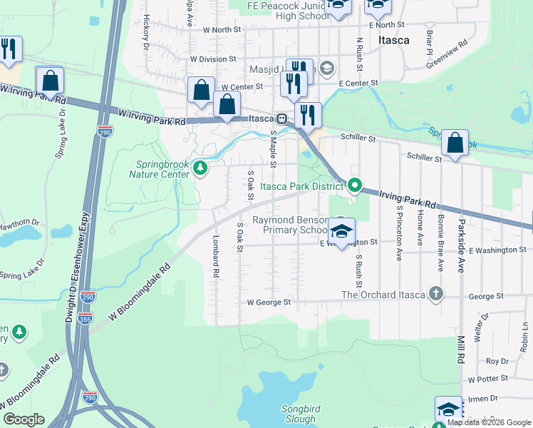 map of restaurants, bars, coffee shops, grocery stores, and more near 222 West Bloomingdale Road in Itasca