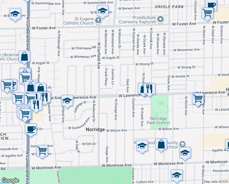 map of restaurants, bars, coffee shops, grocery stores, and more near 7906 West Lawrence Avenue in Norridge