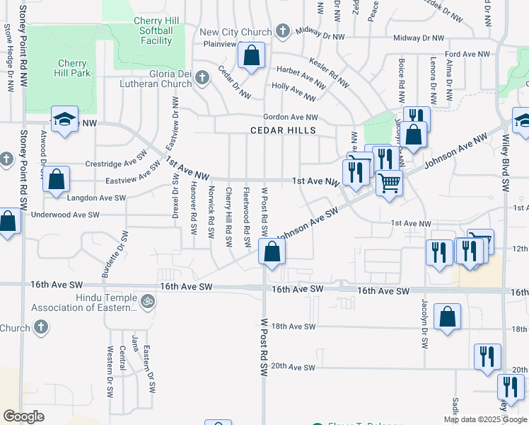 map of restaurants, bars, coffee shops, grocery stores, and more near 301 West Post Road Southwest in Cedar Rapids
