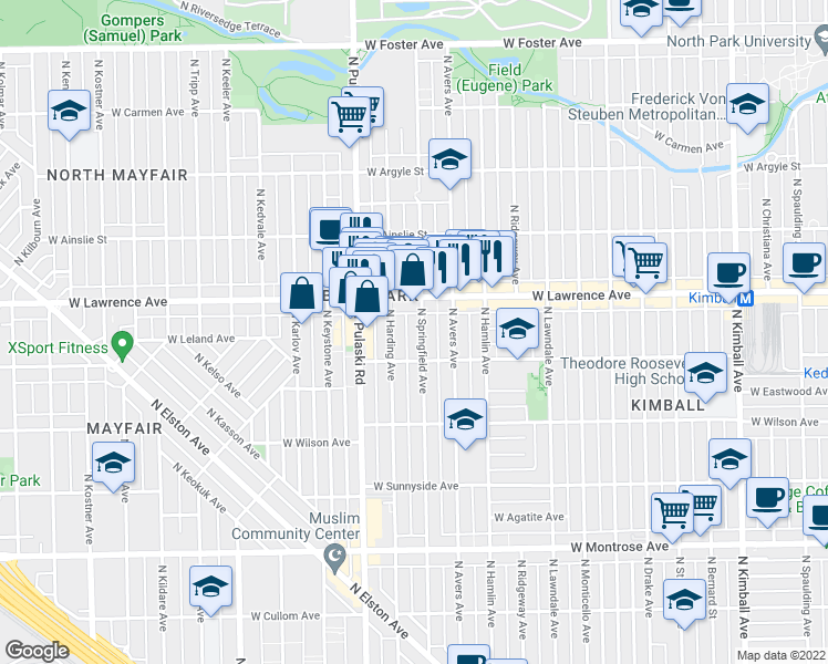map of restaurants, bars, coffee shops, grocery stores, and more near 4726 North Springfield Avenue in Chicago