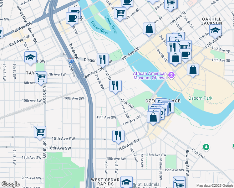map of restaurants, bars, coffee shops, grocery stores, and more near 130 11th Avenue Southwest in Cedar Rapids