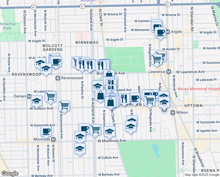 map of restaurants, bars, coffee shops, grocery stores, and more near 4655 North Clark Street in Chicago