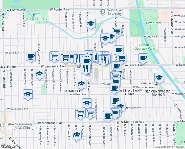 map of restaurants, bars, coffee shops, grocery stores, and more near 4755 North Kimball Avenue in Chicago