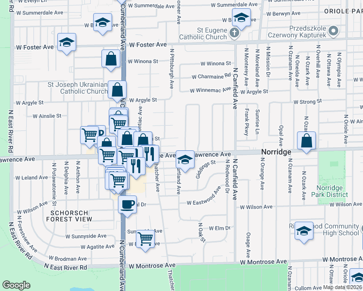 map of restaurants, bars, coffee shops, grocery stores, and more near 4826 North Prospect Avenue in Norridge