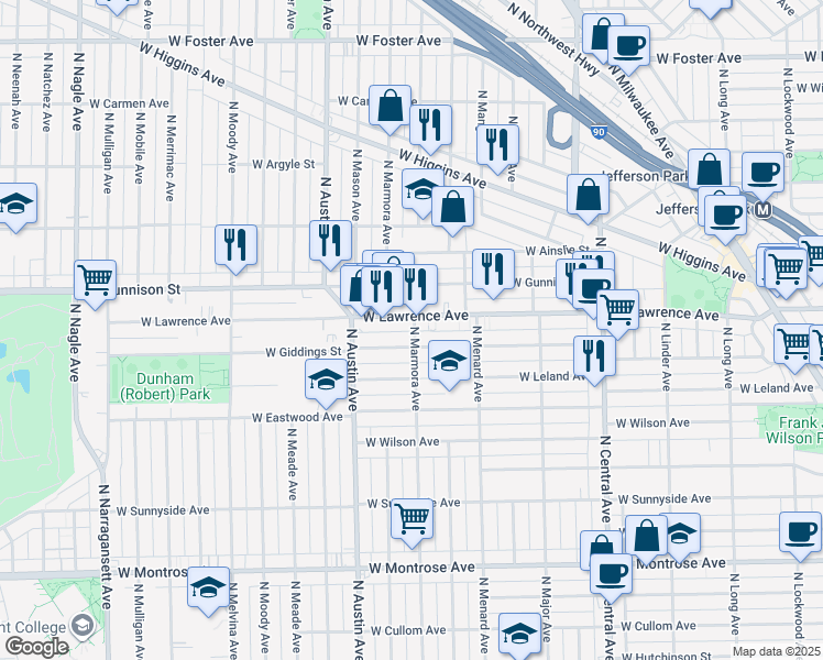 map of restaurants, bars, coffee shops, grocery stores, and more near 5912 West Giddings Street in Chicago