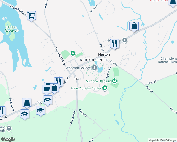 map of restaurants, bars, coffee shops, grocery stores, and more near 26 East Main Street in Norton
