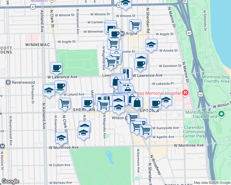 map of restaurants, bars, coffee shops, grocery stores, and more near 1207 West Leland Avenue in Chicago