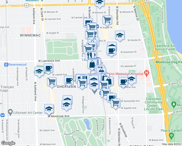 map of restaurants, bars, coffee shops, grocery stores, and more near 1207 West Leland Avenue in Chicago