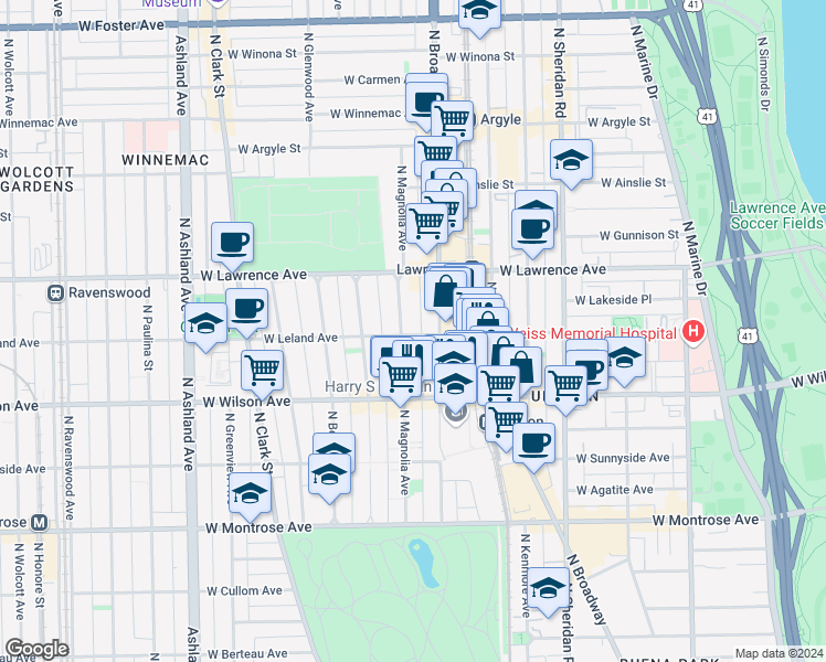 map of restaurants, bars, coffee shops, grocery stores, and more near 1207 West Leland Avenue in Chicago