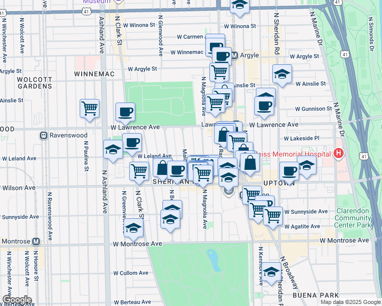 map of restaurants, bars, coffee shops, grocery stores, and more near 1247 West Leland Avenue in Chicago