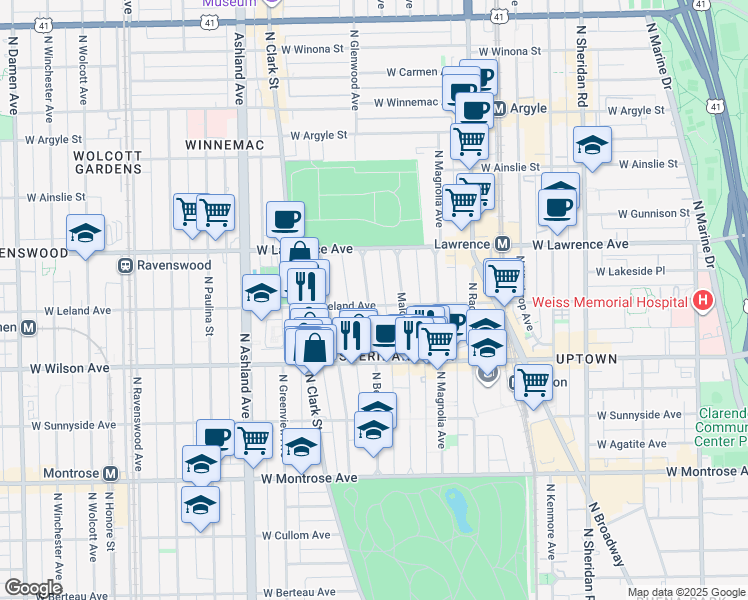 map of restaurants, bars, coffee shops, grocery stores, and more near 4656 North Beacon Street in Chicago