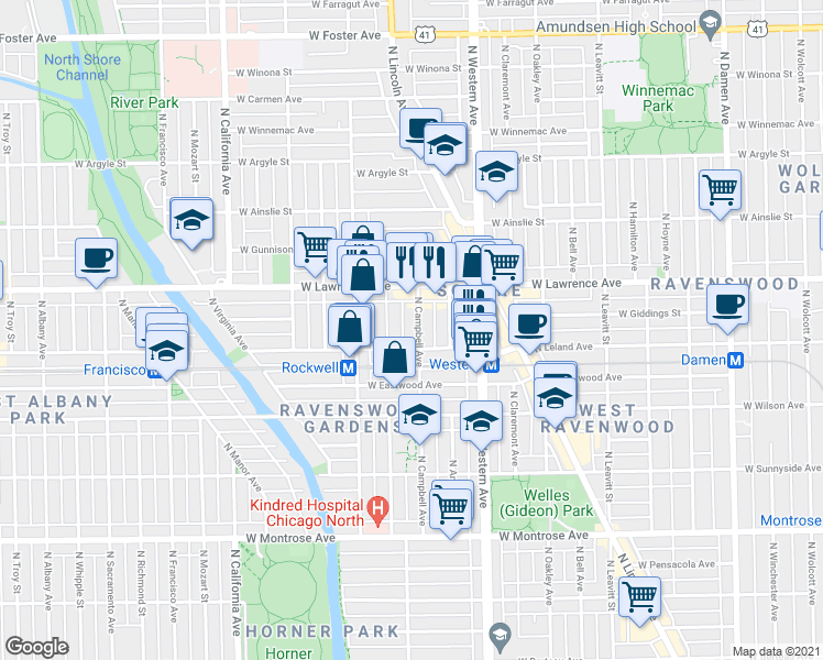 map of restaurants, bars, coffee shops, grocery stores, and more near 4704 North Campbell Avenue in Chicago