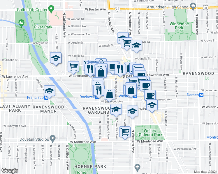 map of restaurants, bars, coffee shops, grocery stores, and more near 2542 West Leland Avenue in Chicago