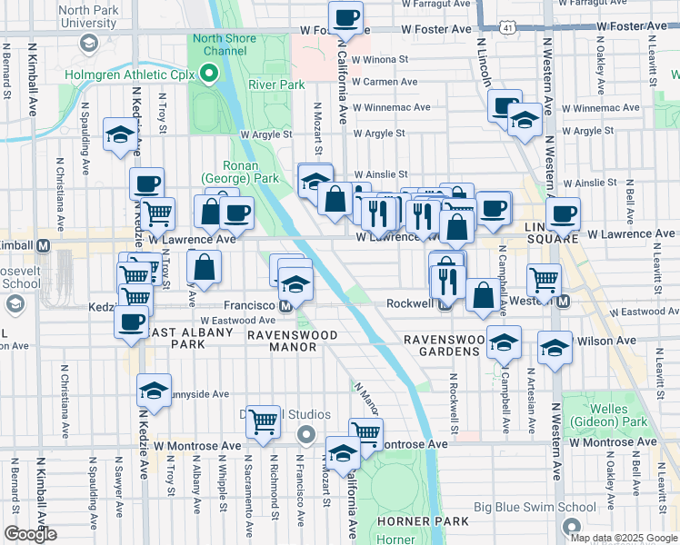 map of restaurants, bars, coffee shops, grocery stores, and more near 4724 North Virginia Avenue in Chicago