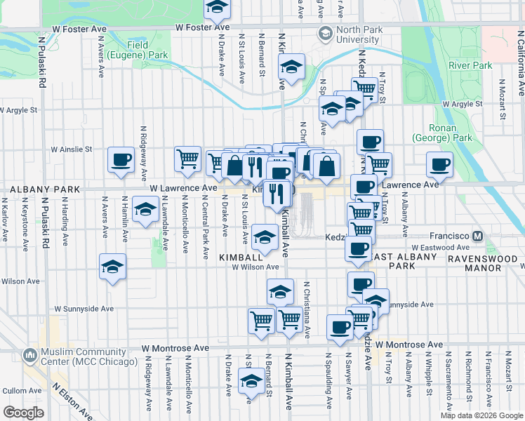 map of restaurants, bars, coffee shops, grocery stores, and more near 4706 North Kimball Avenue in Chicago