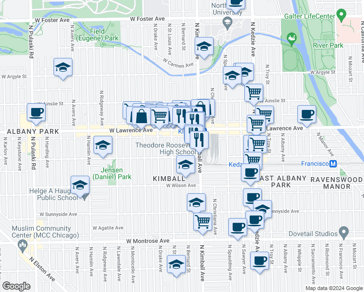 map of restaurants, bars, coffee shops, grocery stores, and more near 4713 North Saint Louis Avenue in Chicago