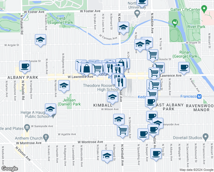 map of restaurants, bars, coffee shops, grocery stores, and more near 4713 North Saint Louis Avenue in Chicago