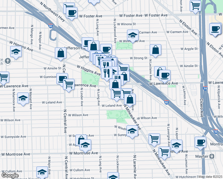 map of restaurants, bars, coffee shops, grocery stores, and more near 4762 North Milwaukee Avenue in Chicago