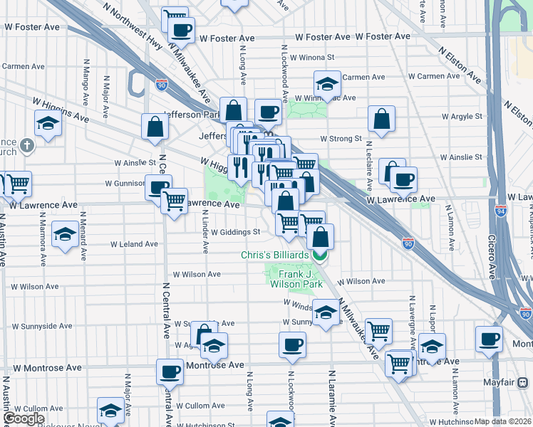 map of restaurants, bars, coffee shops, grocery stores, and more near 4750 North London Avenue in Chicago