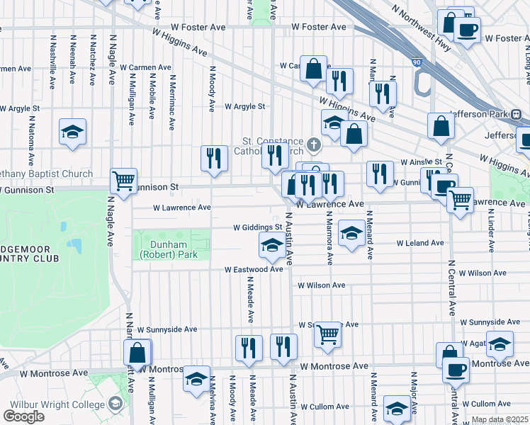 map of restaurants, bars, coffee shops, grocery stores, and more near 6030 West Giddings Street in Chicago