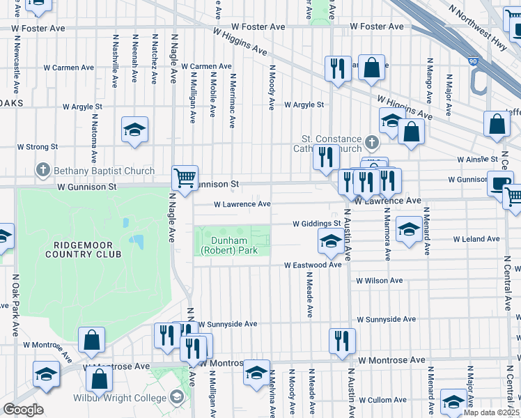 map of restaurants, bars, coffee shops, grocery stores, and more near 6228 West Giddings Street in Chicago