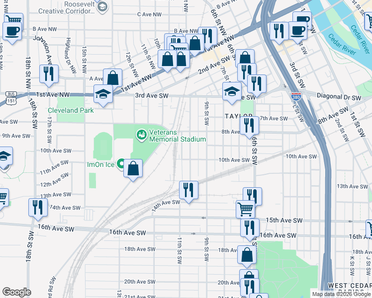 map of restaurants, bars, coffee shops, grocery stores, and more near 1010 10th Avenue Southwest in Cedar Rapids