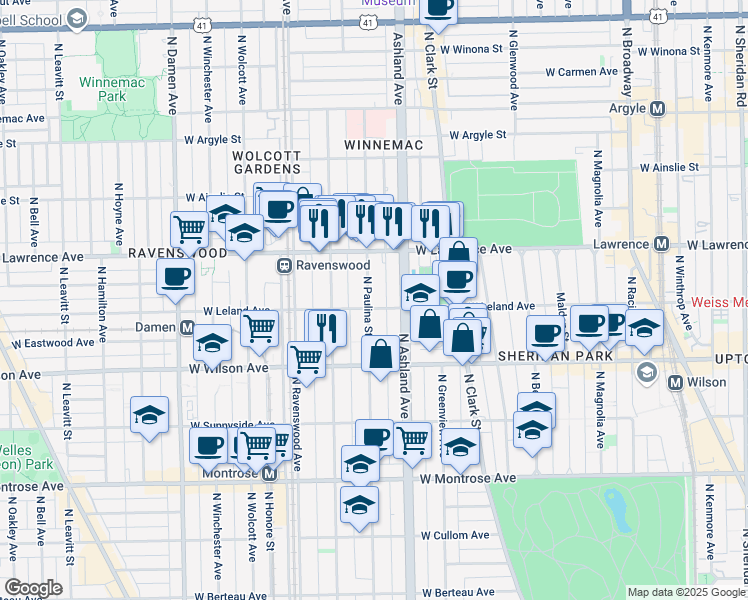 map of restaurants, bars, coffee shops, grocery stores, and more near 1633 West Leland Avenue in Chicago