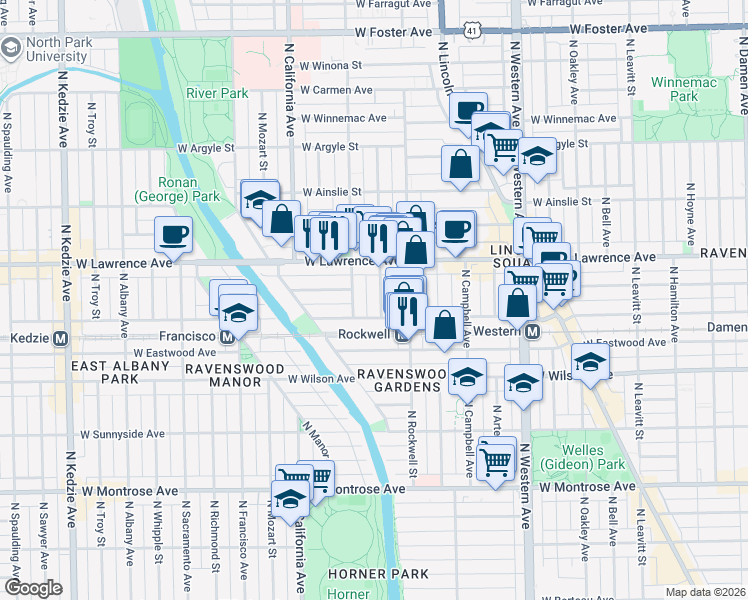 map of restaurants, bars, coffee shops, grocery stores, and more near 4716 North Talman Avenue in Chicago