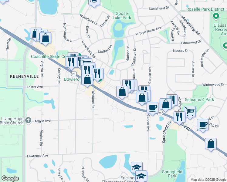 map of restaurants, bars, coffee shops, grocery stores, and more near 1046 Lake St in Roselle