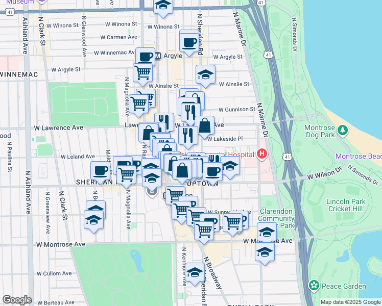 map of restaurants, bars, coffee shops, grocery stores, and more near 1007 West Leland Avenue in Chicago