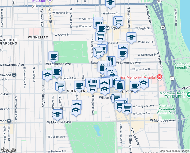 map of restaurants, bars, coffee shops, grocery stores, and more near 1207 West Leland Avenue in Chicago