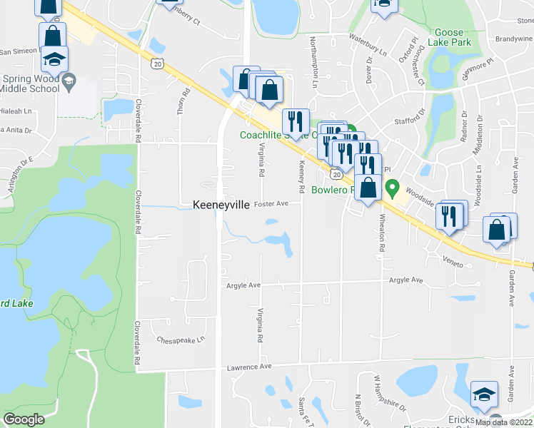 map of restaurants, bars, coffee shops, grocery stores, and more near 25W271 Foster Avenue in Roselle