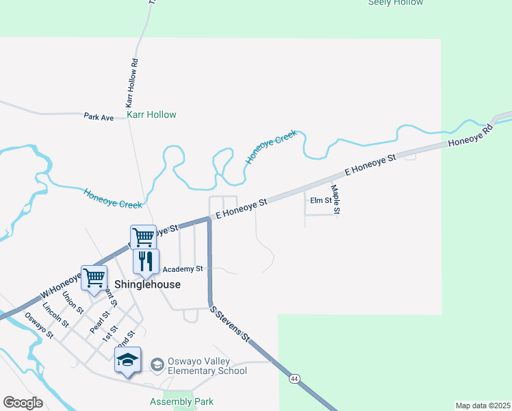 map of restaurants, bars, coffee shops, grocery stores, and more near 900 East Honeoye Street in Shinglehouse