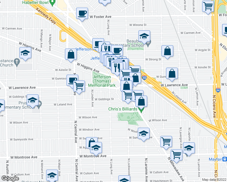 map of restaurants, bars, coffee shops, grocery stores, and more near 5363 West Lawrence Avenue in Chicago