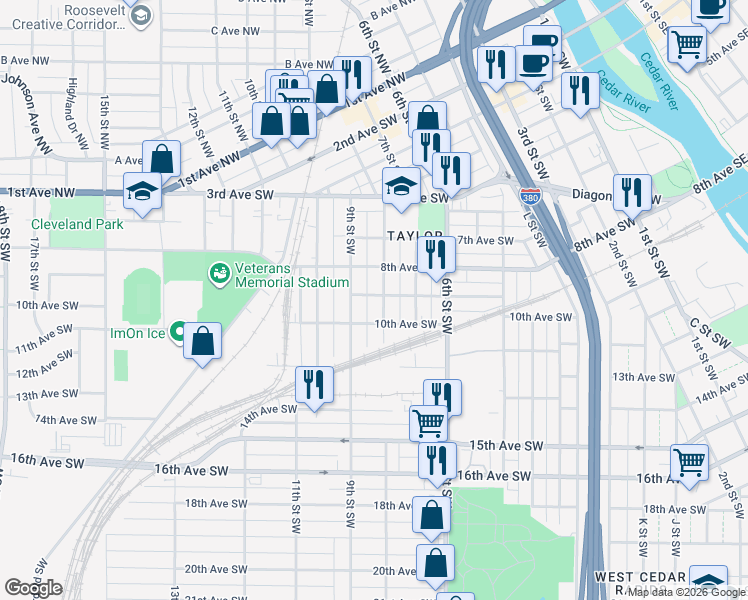 map of restaurants, bars, coffee shops, grocery stores, and more near 910 8th Street Southwest in Cedar Rapids