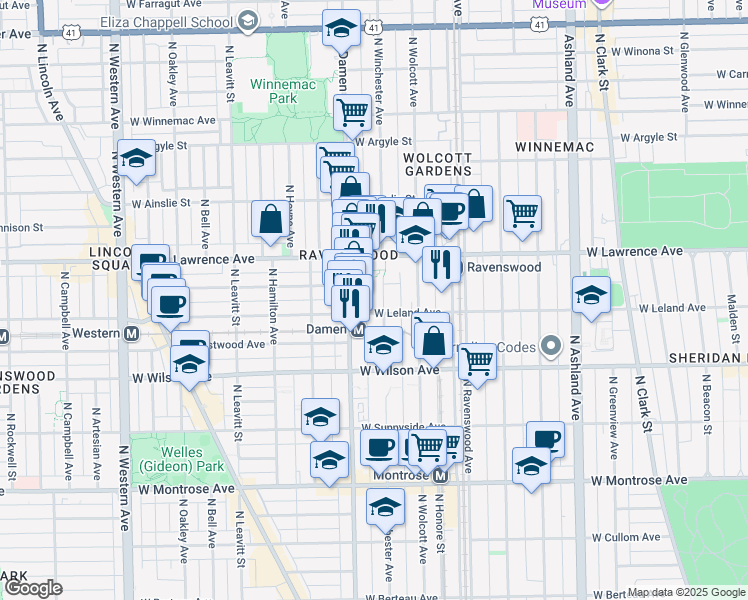 map of restaurants, bars, coffee shops, grocery stores, and more near in Chicago