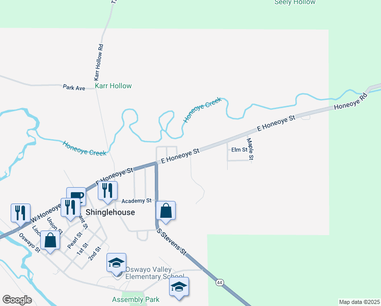 map of restaurants, bars, coffee shops, grocery stores, and more near 900 East Honeoye Street in Shinglehouse