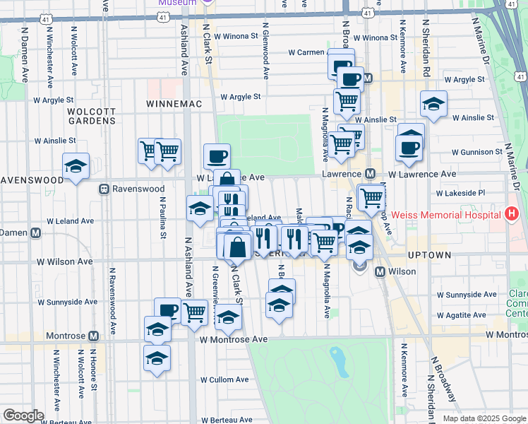 map of restaurants, bars, coffee shops, grocery stores, and more near 4706 North Beacon Street in Chicago