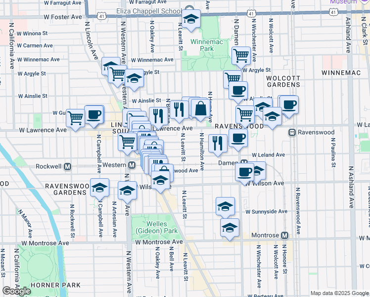 map of restaurants, bars, coffee shops, grocery stores, and more near 4717 North Leavitt Street in Chicago