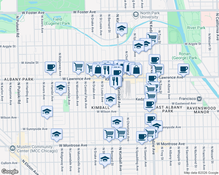 map of restaurants, bars, coffee shops, grocery stores, and more near 4706 North Kimball Avenue in Chicago