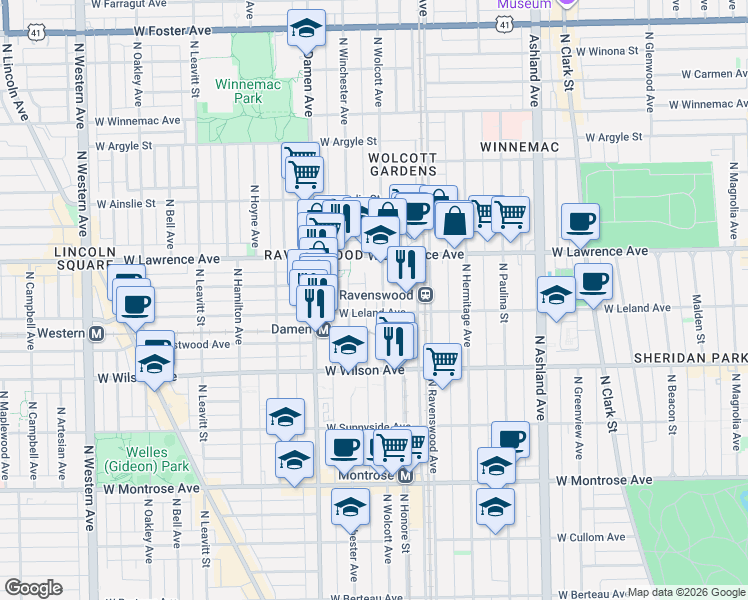 map of restaurants, bars, coffee shops, grocery stores, and more near 4708 North Wolcott Avenue in Chicago