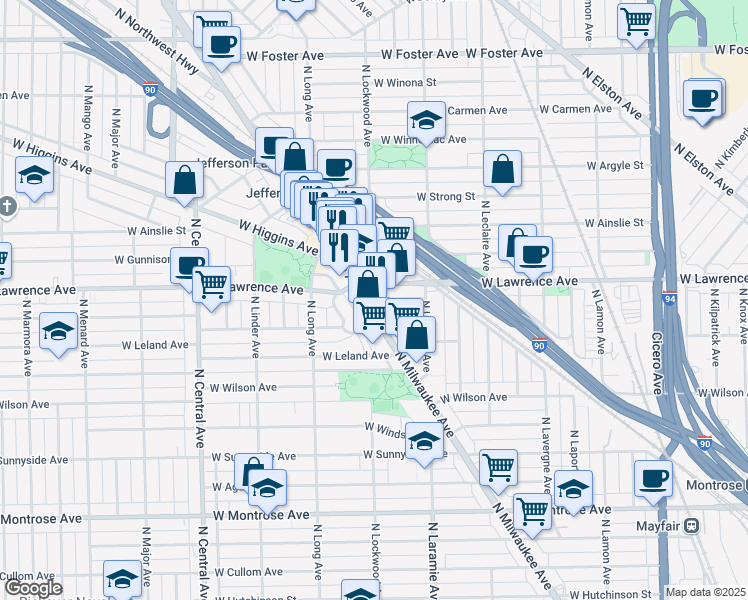 map of restaurants, bars, coffee shops, grocery stores, and more near 4762 North Milwaukee Avenue in Chicago