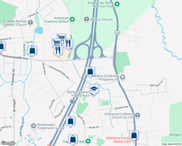 map of restaurants, bars, coffee shops, grocery stores, and more near 20 Quincy Way in Attleboro