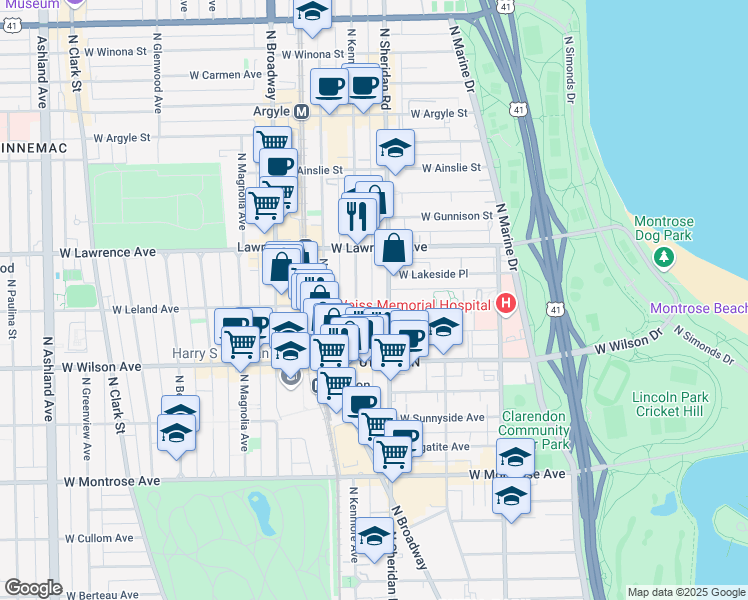 map of restaurants, bars, coffee shops, grocery stores, and more near 1012 West Leland Avenue in Chicago