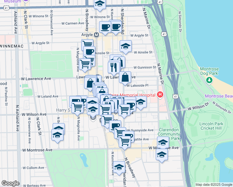 map of restaurants, bars, coffee shops, grocery stores, and more near 1007 West Leland Avenue in Chicago