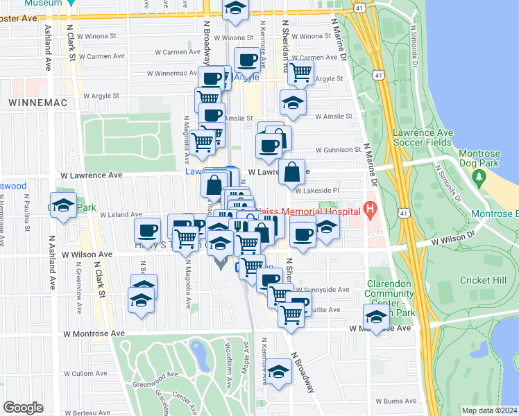 map of restaurants, bars, coffee shops, grocery stores, and more near 4657 North Winthrop Avenue in Chicago