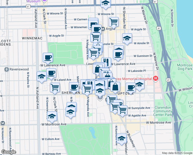 map of restaurants, bars, coffee shops, grocery stores, and more near 1207 West Leland Avenue in Chicago